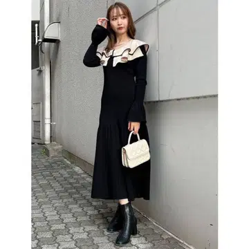 dazzlin 레이어드 파이핑 니트 원피스 블랙