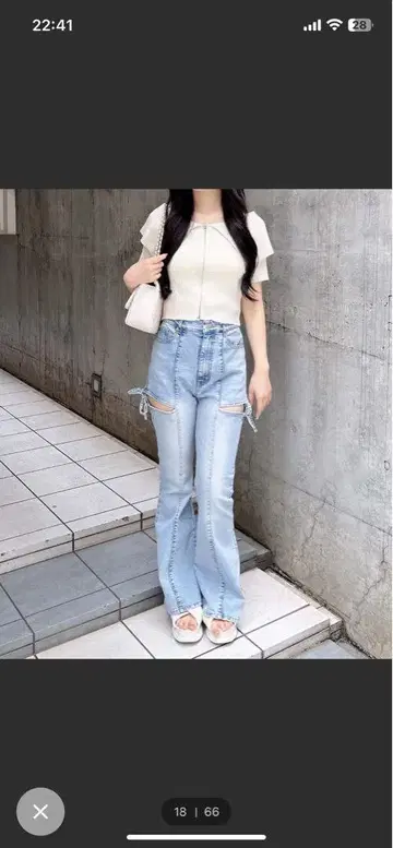 INGNI 사이드 리본 컷 아웃 플레어 데님 팬츠 M