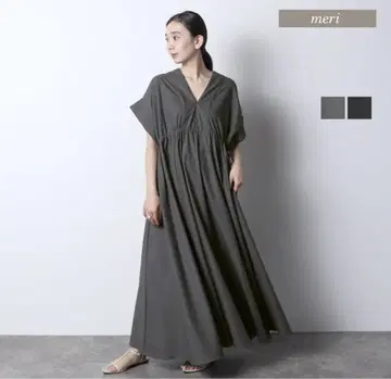 meri 미리 허리 셔링 V 넥 원피스 그레이