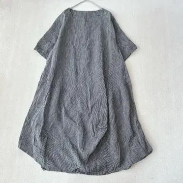 센소유니코 메카제 롱 원피스 반팔 벌룬 변형 린넨 스트라이프
