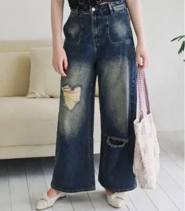데미지 가공 다크 블루 와이드 레그 데님