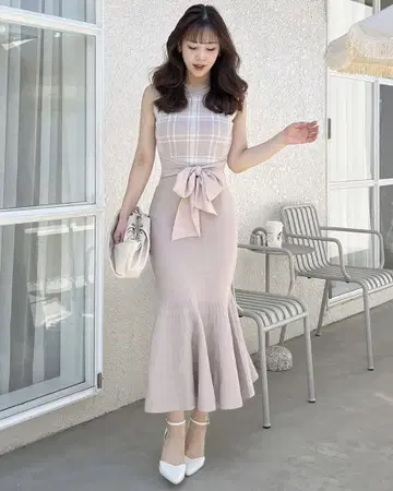 로얄 파티 허리 리본 체크 슬리브리스 머메이드 원피스