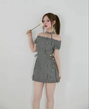 앤드메리 베키 체크 미니 드레스 블랙