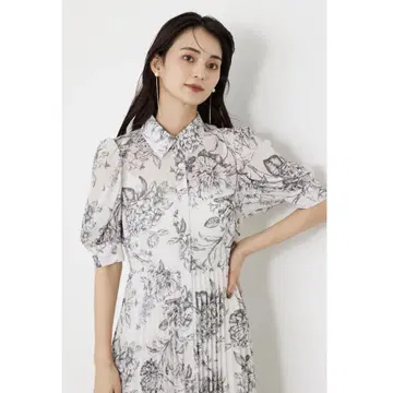 rienda 라인 플라워 플리츠 플레어 OP IVOY3