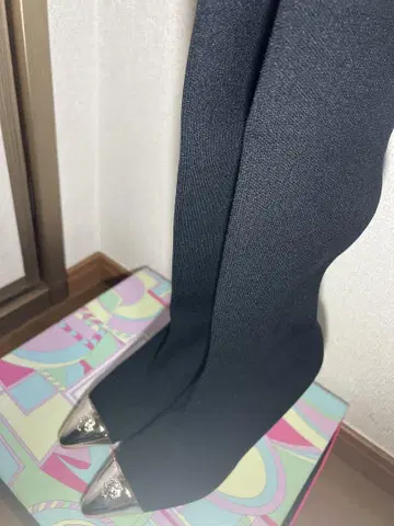 블랙 스트레치 부티 메탈릭 토 하이 힐