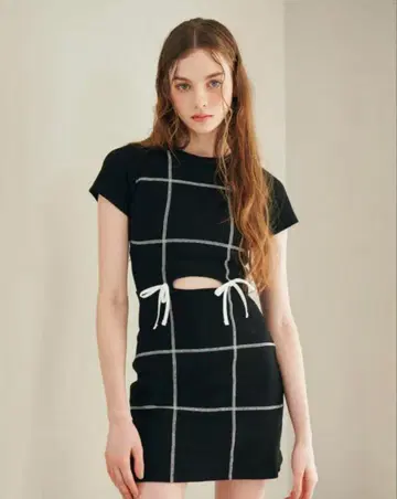 Darich 스티치 리본 리브 미니 원피스 블랙 Free 사이즈
