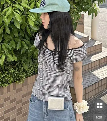 nugu 체크 리본 반팔 블라우스