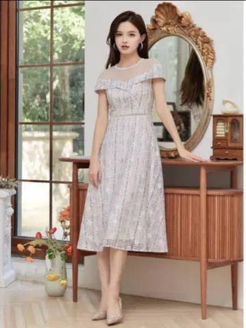 Settan ERUKEI 드레스 화이트 레이스 블루 레드 체크 플레어
