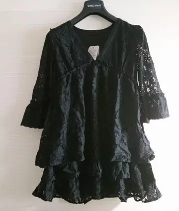 블랙 레이스 티어드 튜닉 원피스 전체 레이스 M 사이즈