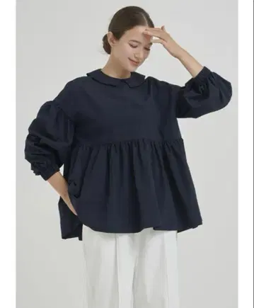 요리 플랫 칼라 티어드 블라우스 네이비 새상품급