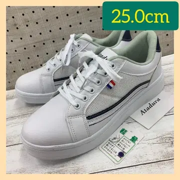 25.0cm 남성용 라인 스니커즈 메쉬 인조 가죽 화이트