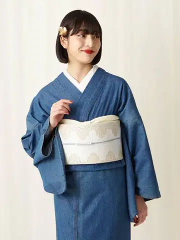 후리후리 데님 기모노 워셔블 코튼 블루
