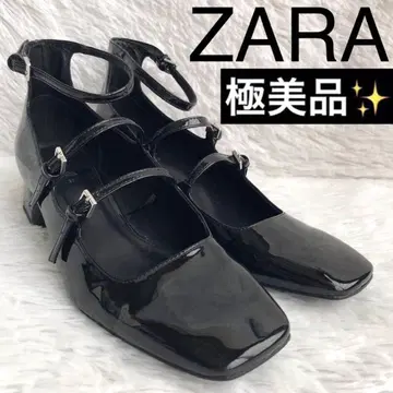 펌프스 24.5 블랙 자라 스트랩 블록 힐 에나멜