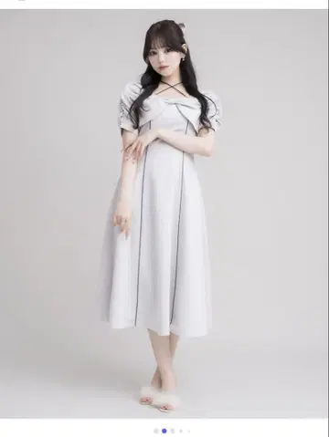 pium 프론트 리본 플레어 롱 원피스 블루 그레이