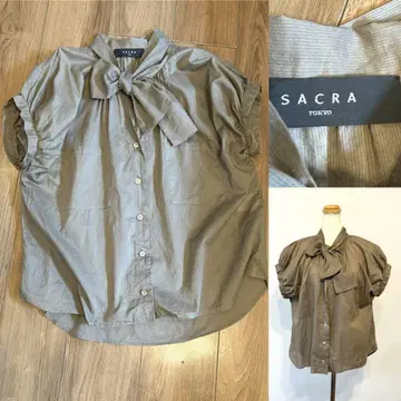 SACRA 사쿠라 개더 슬리브 보타이 블라우스 올리브 그린 38