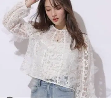 얇은 명주 프릴 자수 블라우스 화이트 꽃 시스루 봄/여름 자수 업