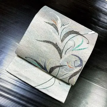 순수 실크 6통 후쿠로 오비 [실버 잎 무늬]