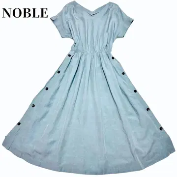 NOBLE 짙은 블루 린넨 프렌치 슬리브 플레어 원피스
