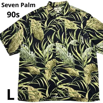Seven Palm 오픈 카라 셔츠 잎 패턴 알로하 셔츠 반팔 실크