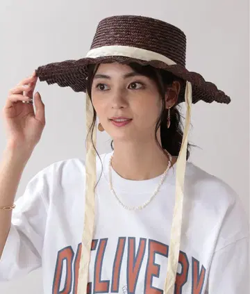 카세리니 리본 포함 브라운 밀짚모자 스트로우 햇