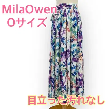 MilaOwen 꽃무늬 롱 스커트 사이즈 O 리본 플리츠 화이트