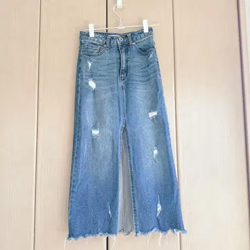 스파이럴 걸 데님 롱 스커트 타이트 슬릿 프린지