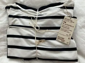 새상품 MUJI 부드러운 천축 접촉 냉감 반팔 룸웨어 세트 블랙 보더 M