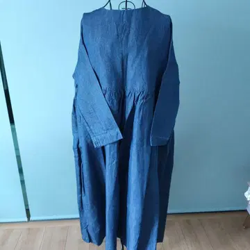 다크 블루 코튼 혼방 긴팔 원피스