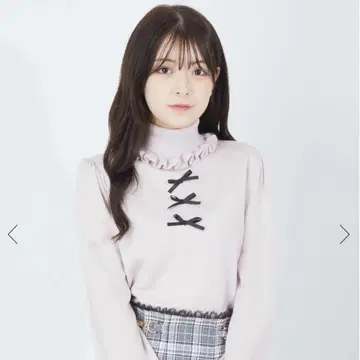 앙크루즈 니트 하트 크로쉐 터틀넥 핑크 리본