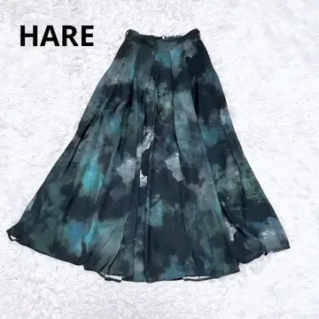 HARE BLUR 아트 턱 스커트 그린 롱 플레어 올 패턴
