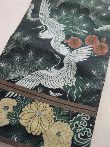 고급 마루오비 후쿠로 오비 전통 기모노 앤티크 학 패턴