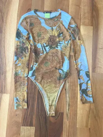 ZARA 고흐 해바라기 아트 프린트 긴팔 바디수트 메쉬