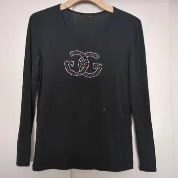 스톤 장식 V 넥 긴팔 티셔츠 블랙
