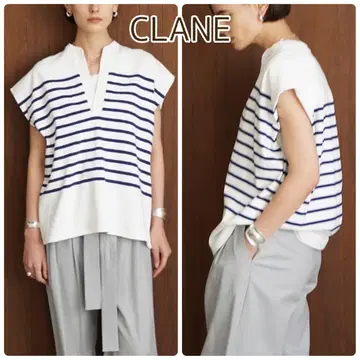 클라네 CLANE 와이드 헨리넥 슬리브리스 보더 탑 M 파랑 화이트
