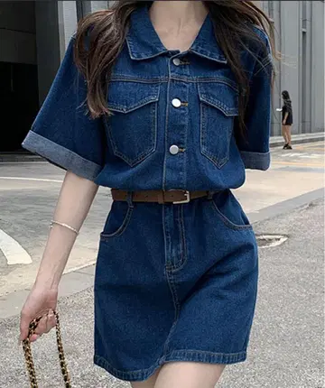 여성용 반팔 롤업 데님 미니 원피스