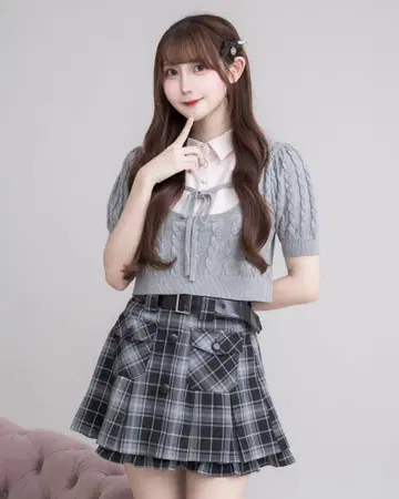 가죽 벨트 체크 플리츠 미니 스커트