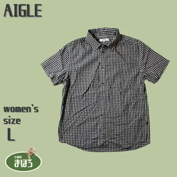AIGLE 반팔 셔츠 깅엄 체크 무늬 블랙 검정 내추럴