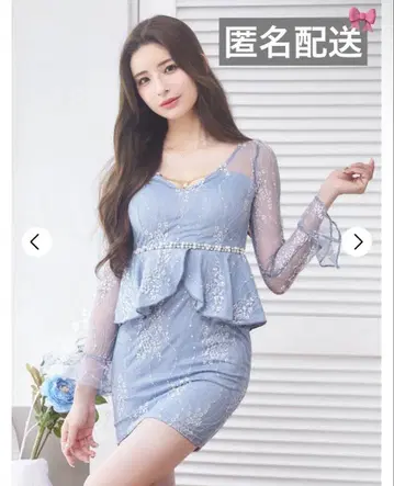 dazzy 페플럼 시어 플라워 자수 긴팔 타이트 미니 드레스