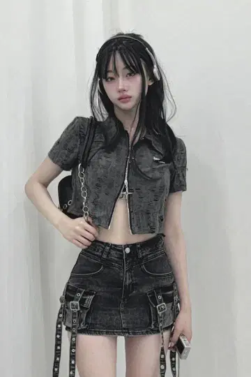 Y2K 데미지 더블 지퍼 폴로 탑 KsG