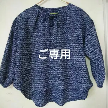 네이비 유카타 리메이크 퍼프 슬리브 리본 테이프 루즈한 블라우스