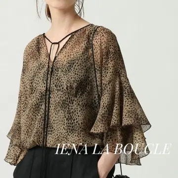 새상품급 IENA LA BOUCLE 레오파드 프릴 슬리브 블라우스 브라운