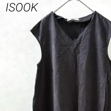 ISOOK 롱 원피스 V넥 슬리브리스 린넨 100% 넉넉한