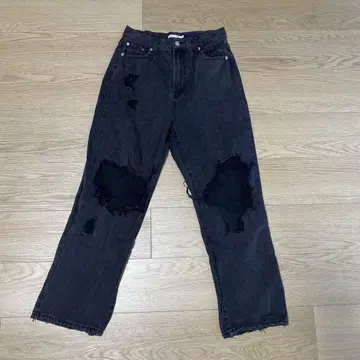 데미지 가공 블랙 와이드 레그 데님 L