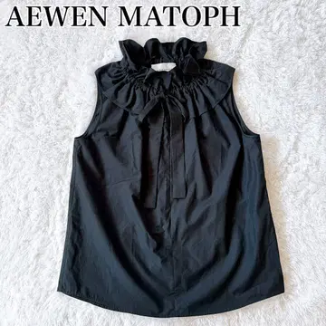 AEWEN MATOPH 개더 프릴 블라우스 슬리브리스 리본 블랙