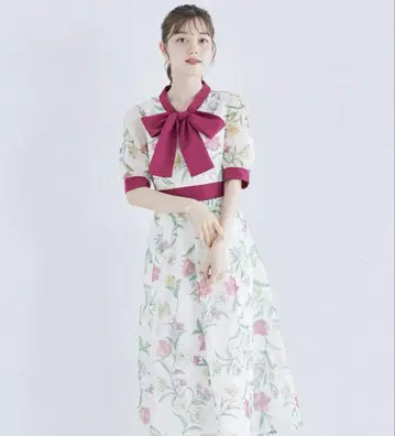 토코 클로젯 보타이 리본 메쉬 플라워 배색 원피스
