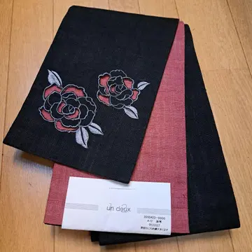 un deux 반폭 오비 린넨 100% 블랙 레드 찻잎 자수 신상