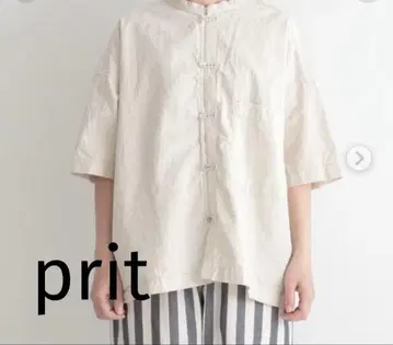 prit 면 린넨 샴브레이 5부 소매 스탠드 카라 빅 셔츠