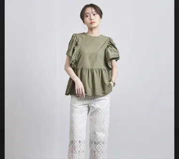유나이티드 애로우즈 개더 플레어 슬리브 블라우스 카키