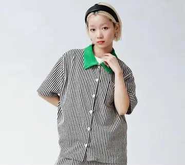HCAE 스트라이프 반팔 셔츠 그린 옷깃