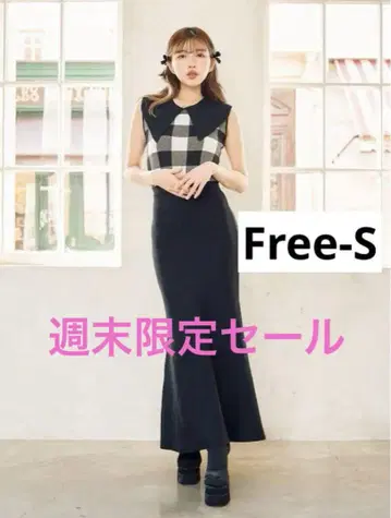 darich 다리치 빅 칼라 깅엄 체크 니트 롱 원피스